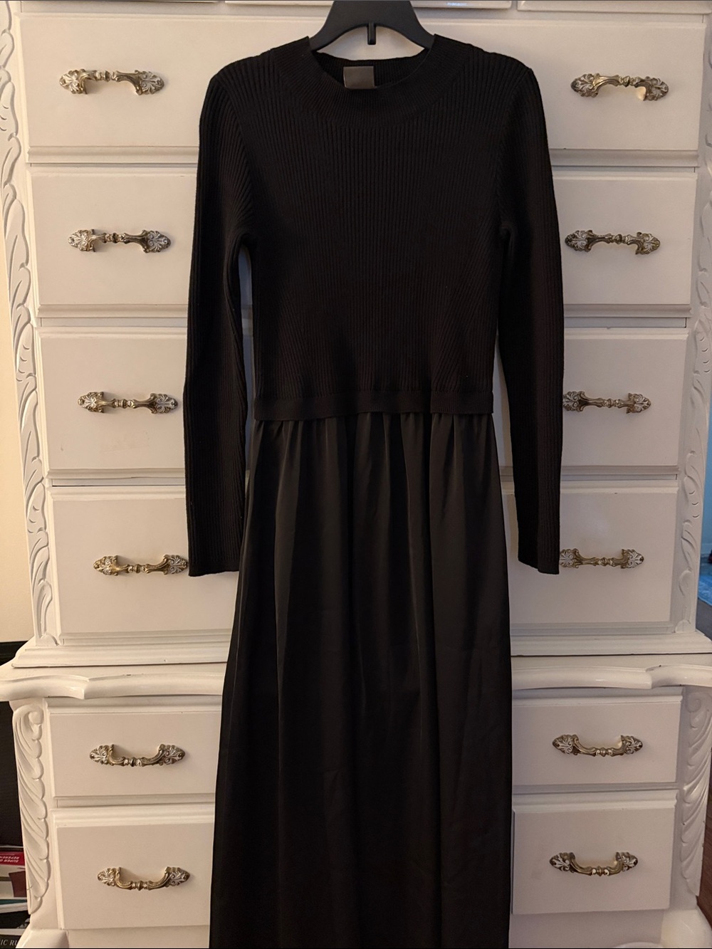 Taylor Twofer Ribbed Knit Sweater & Satin Skirt Maxi Dress Black